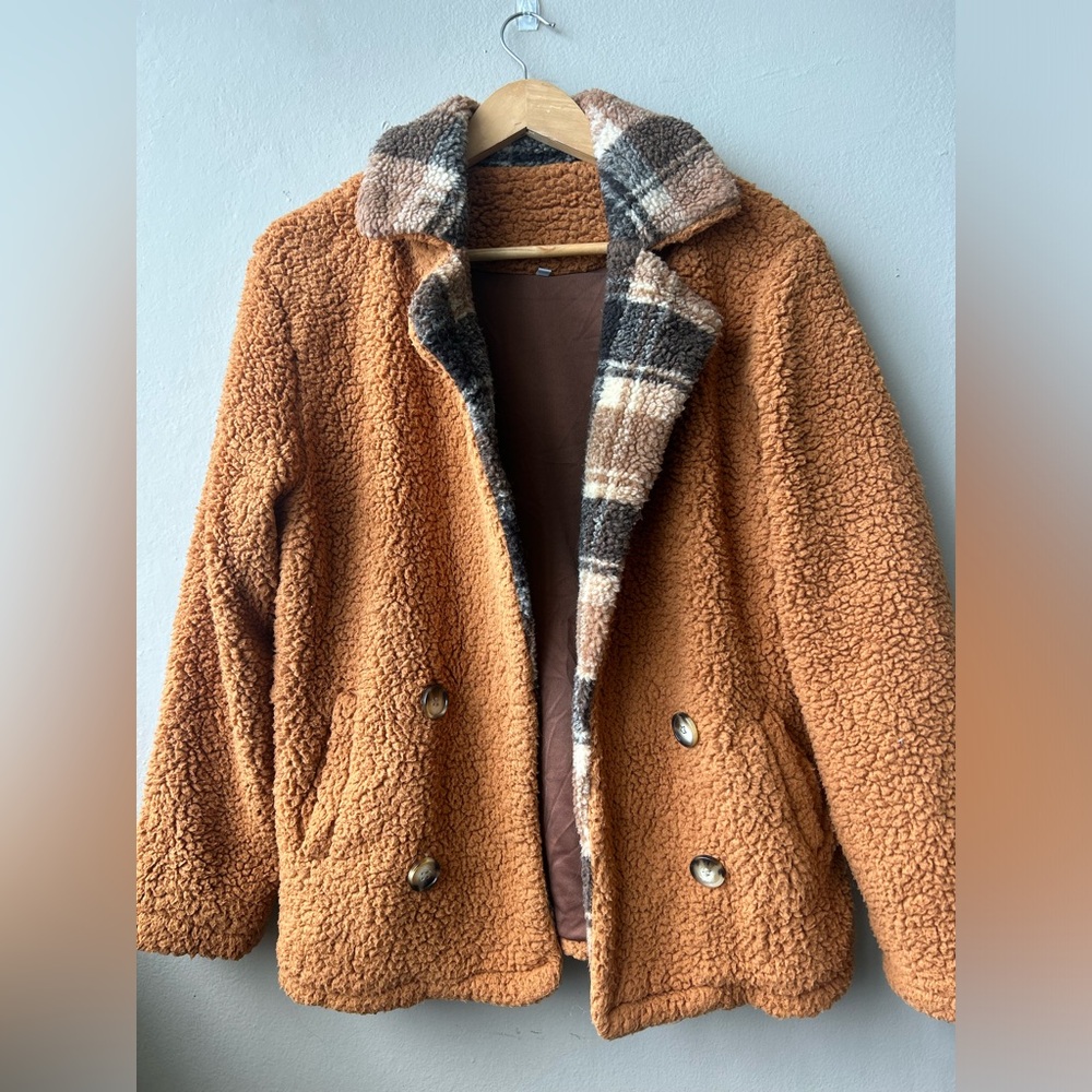 SHEIN Brown Plaid Collar Teddy Coat